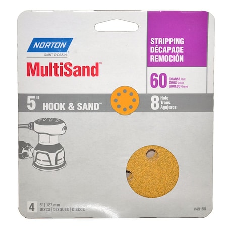 Norton Co 5 in.X8H Disc  Hook & Loop 4Pk P60 49158